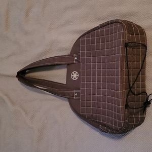 Brown gym bag with yoga straps